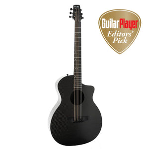 The Klos Full Carbon Grand Cutaway Mini DAE w/Fishman Presys VT travel guitar by Klos stands upright, featuring a mini cutaway design in black carbon fiber. A "Guitar Player Editors' Pick" badge appears in the top right corner.