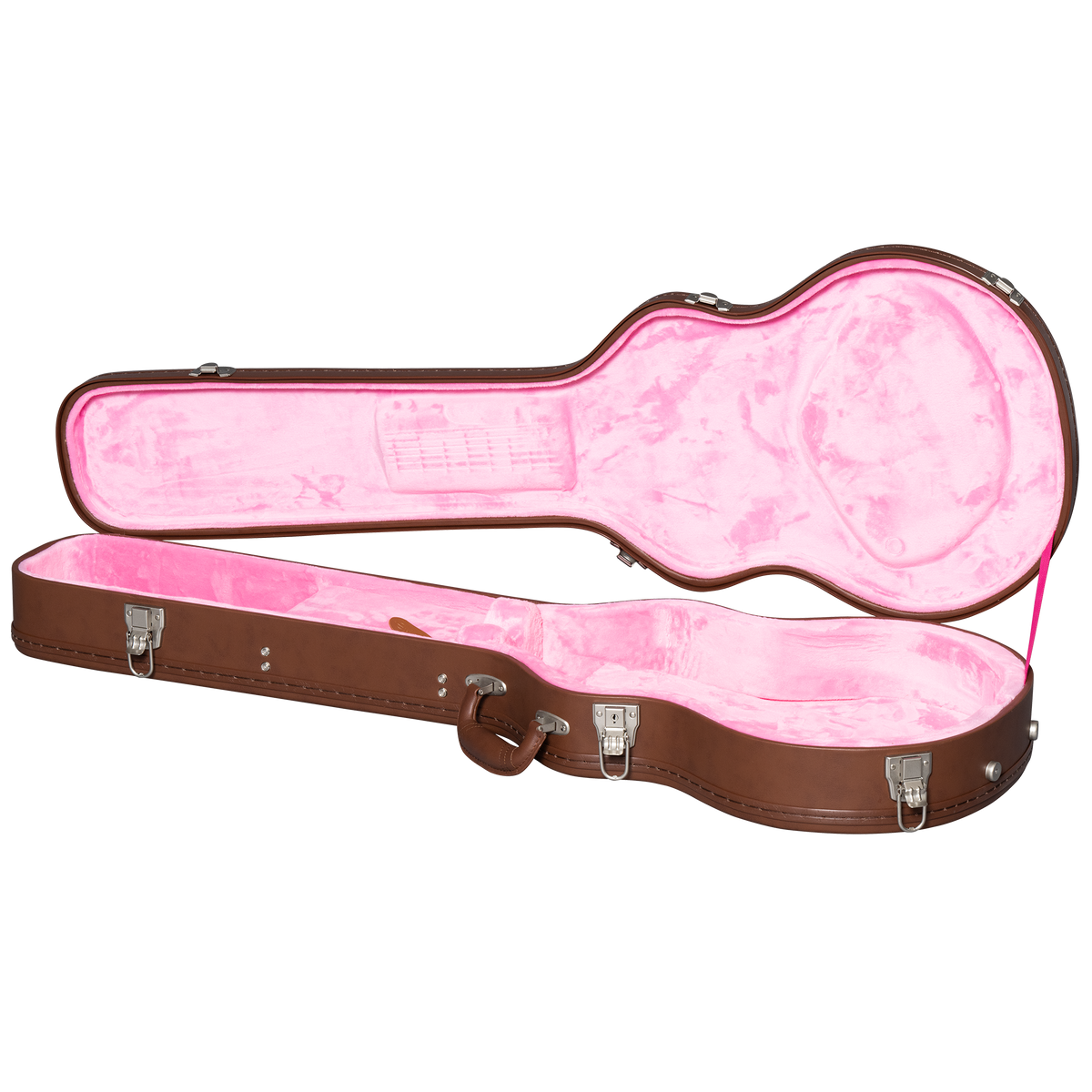 Kirk Hammett “Greeny” 1959 Les Paul Standard guitar in a pink hard case with silver handles and secure latches.