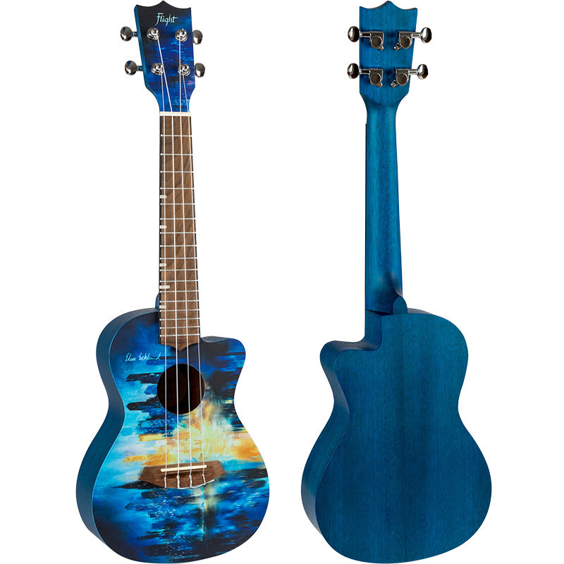 Flight AUC-CITY Elise Ecklund Signature Concert Ukulele with abstract city skyline design, next to a branded black gig bag.