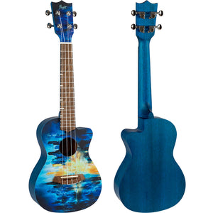 Flight AUC-CITY Elise Ecklund Signature Concert Ukulele featuring abstract city skyline design on top, shown in front and back views.