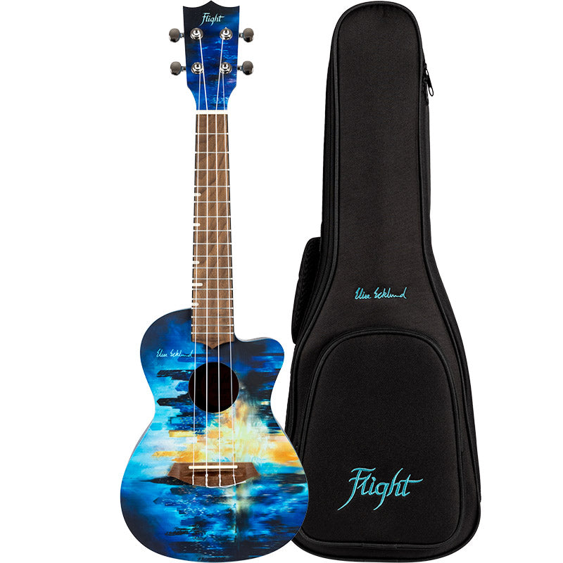 Flight AUC-CITY Elise Ecklund Signature Concert Ukulele with abstract city skyline design, next to a branded black gig bag.