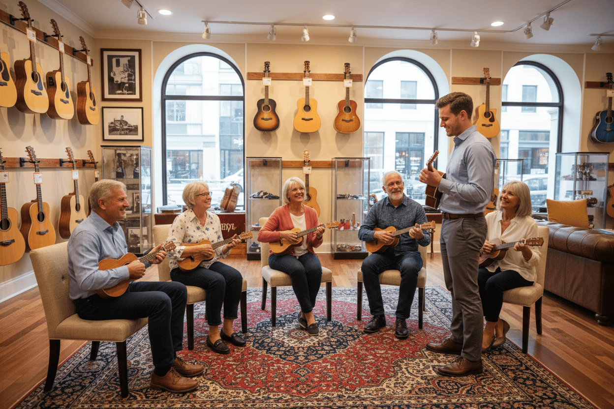  it's at a guitar store with 6 senior ukulele students learning from a young male instructor 