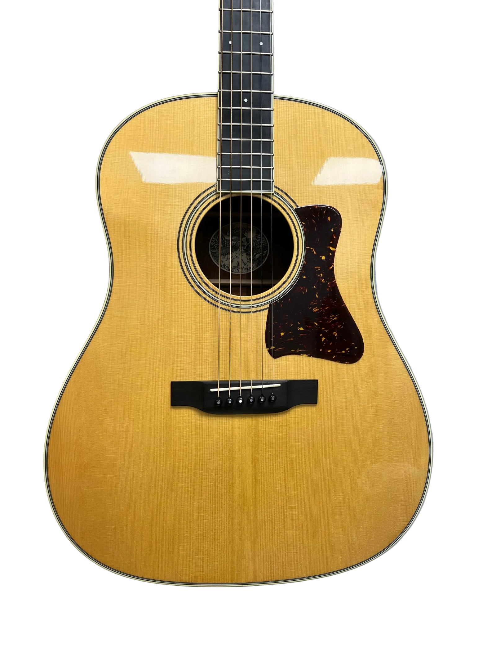 The 2005 Collings CJ BaA acoustic guitar features Brazilian rosewood back and sides, an Adirondack spruce top, natural wood finish, black fretboard, tortoiseshell pickguard, and six strings—shown beautifully against a white background.
