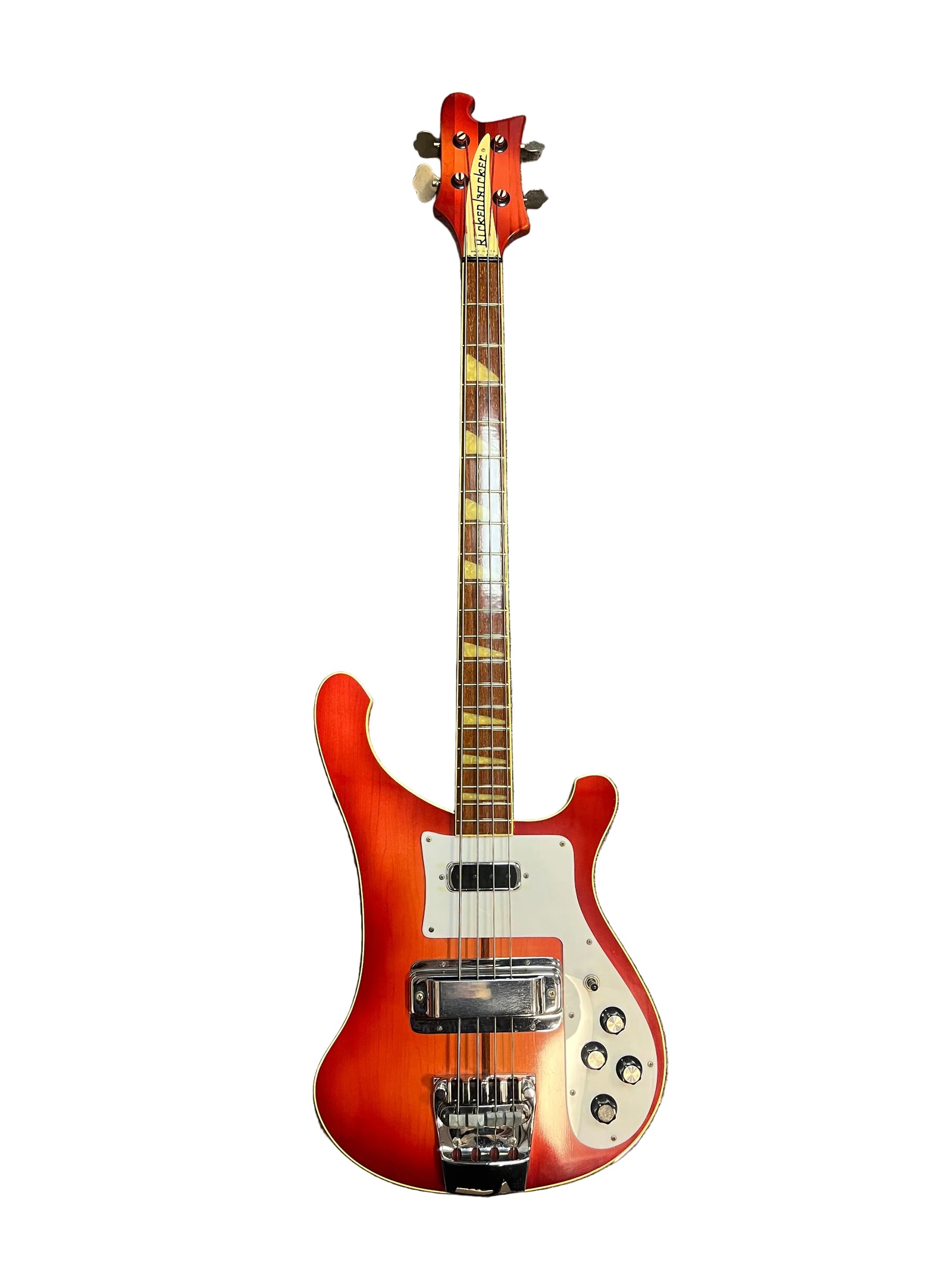 A 1978 Rickenbacker 4001 Bass in Fireglo (Serial RL7346), featuring a white pickguard and chrome hardware, rests on a gray carpet. Includes original hard shell case (OHSC).