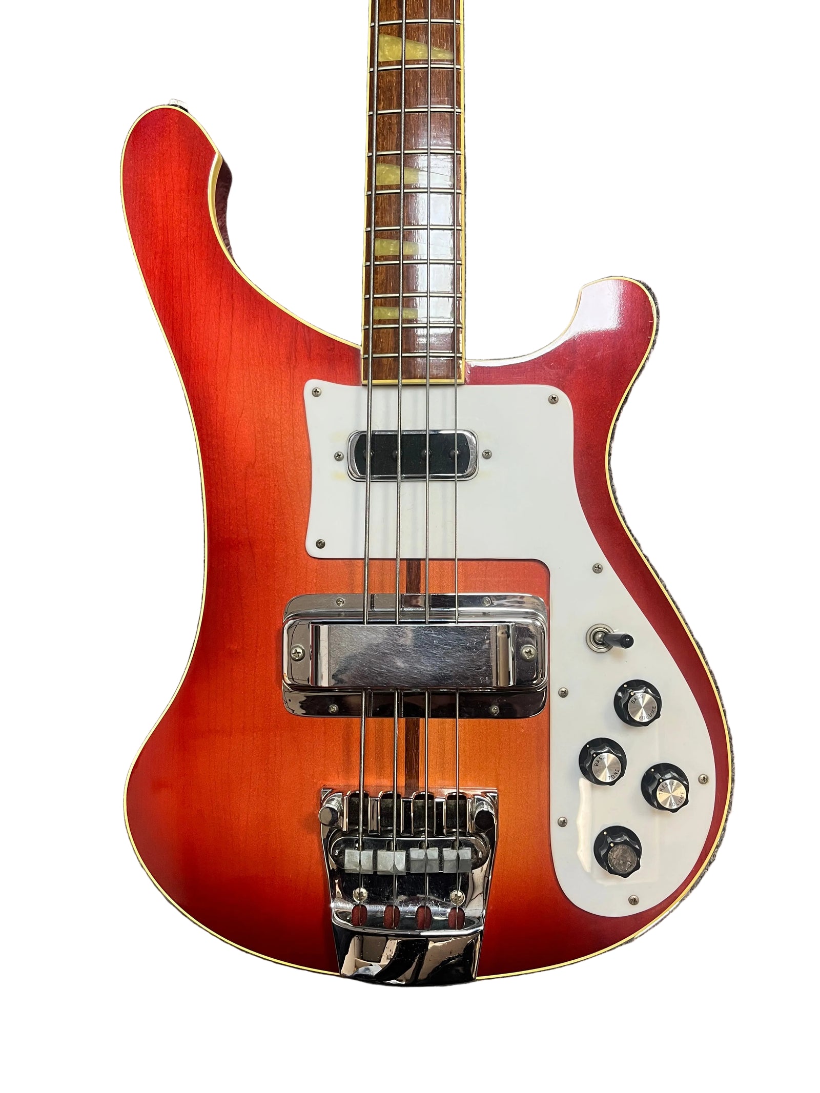 A 1978 Rickenbacker 4001 Bass in Fireglo (Serial RL7346), featuring a white pickguard and chrome hardware, rests on a gray carpet. Includes original hard shell case (OHSC).