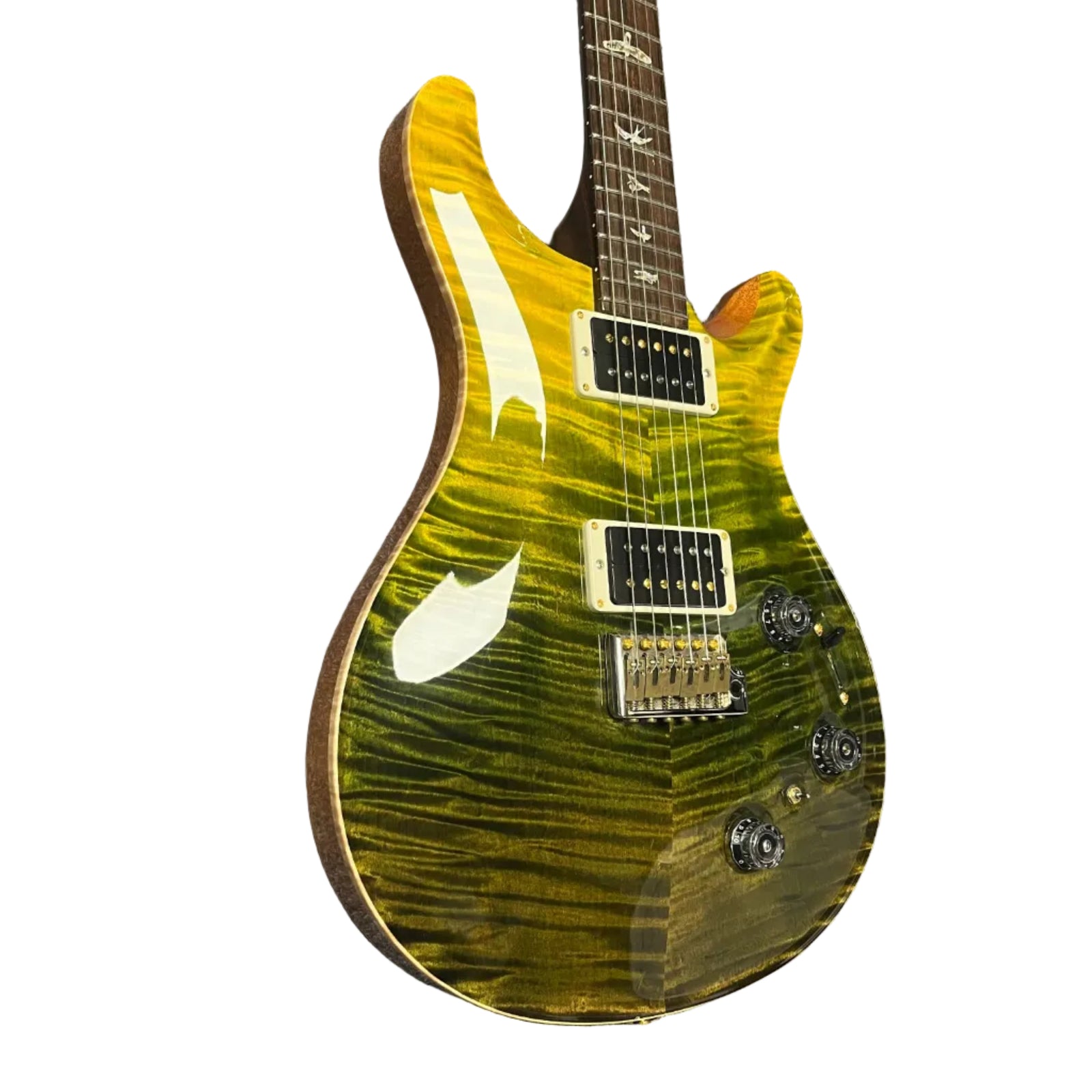 A PRS 2013 P22 Artisan Piezo Green Fade guitar with a flamed maple top, dual humbuckers, piezo saddles, four control knobs, bird fretboard inlays, Brazilian rosewood neck, and original case.