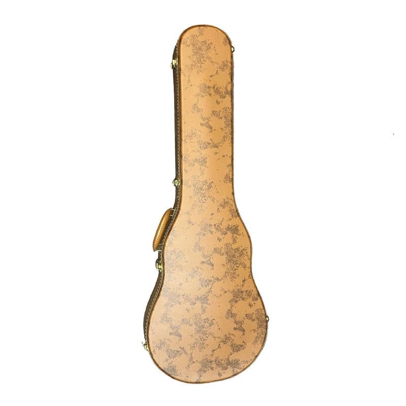 The Gibson 5-Latch Brown/Pink Hardshell Case for Les Paul features a tan, mottled exterior and brass-colored hardware, shown here against a white background.