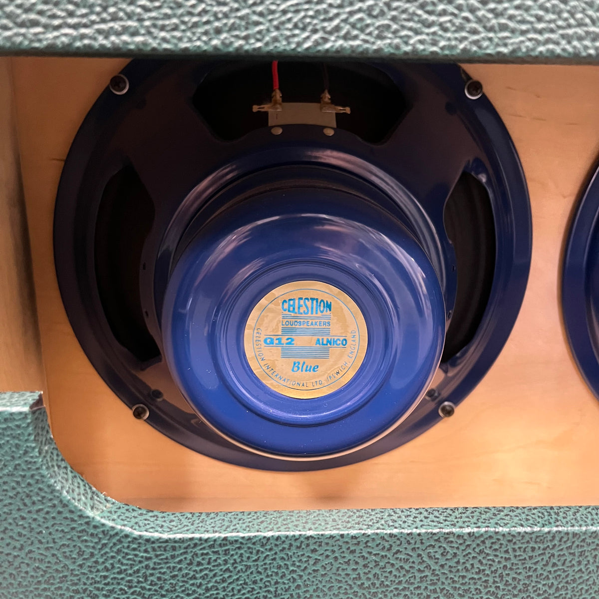 Close-up of a Celestion Alnico Blue speaker inside a textured green Divided by 13 RSA 31 2x12 cabinet, from the 2005 Divided by 13 RSA 31 Head with Matching Cabinet and Flight Case.