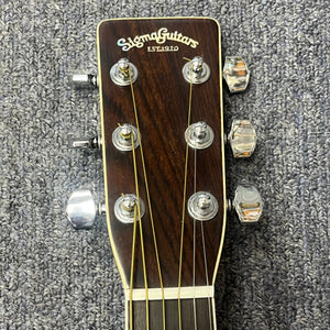 Close-up of a Vintage Sigma DR-35 Acoustic Guitar headstock (Made in Japan) by Sigma, showing six tuning pegs on a textured gray carpet background.
