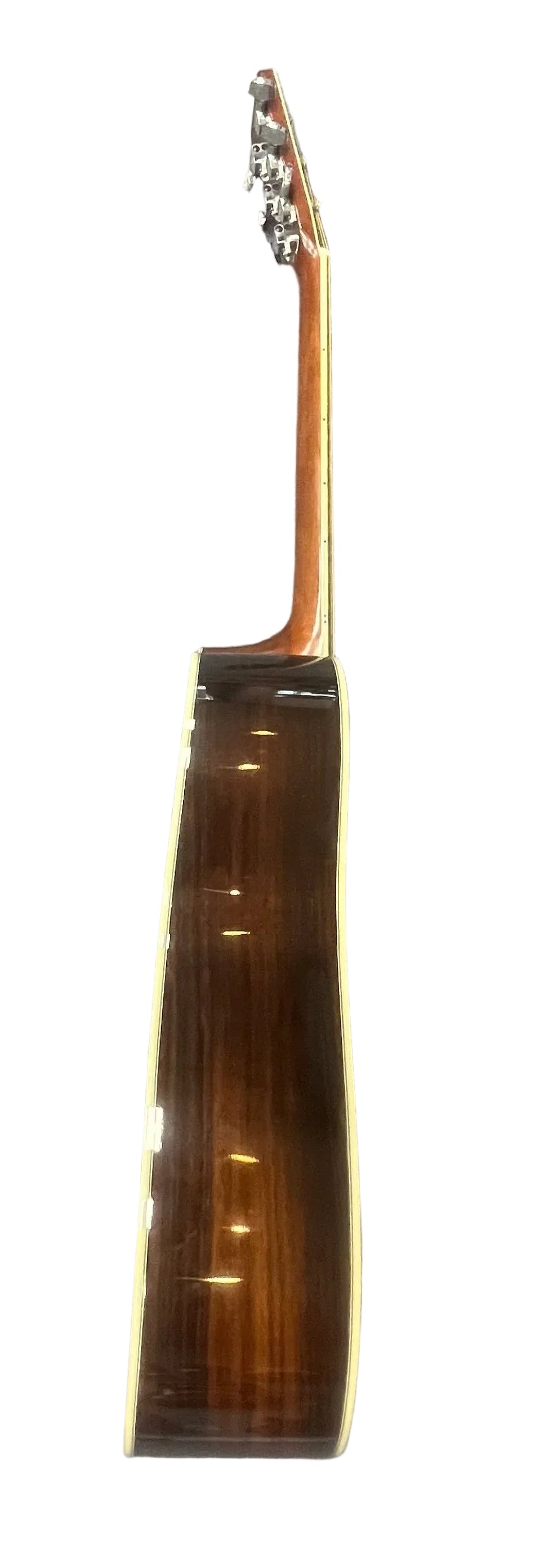 Side view of a Vintage Sigma DR-35 Acoustic Guitar w/case (Made in Japan) by Sigma, inspired by the Martin D-35, showing neck, body, and tuning pegs against a white background.
