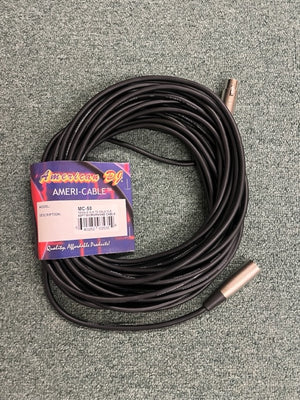 A coiled American DJ MC-50 50ft XLR Microphone Cable with its packaging label attached is displayed on a carpeted floor.
