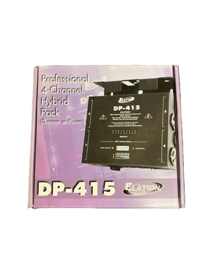 Box of the Elation Professional DP-415 4-Channel Dimmer/Power Pack, featuring a DMX-compatible device and product details on a purple background—perfect for professional stage lighting control.
