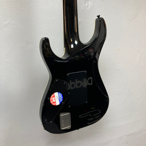 Back view of the ESP E-II Horizon FR-7 Black w/Case 7-string electric guitar by ESP, with a sticker, visible control panel, and Floyd Rose bridge, photographed against a plain white wall.