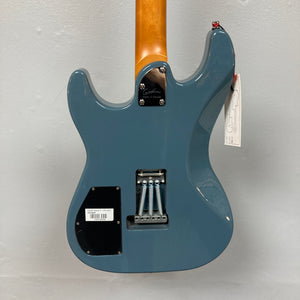 Back view of the Godin Session T-Pro Arctik Blue MN SF with Bag, showing the rear panel, bridge springs, neck joint, and a tag on a tuning peg; features an HSS pickup configuration. Brand: Godin.