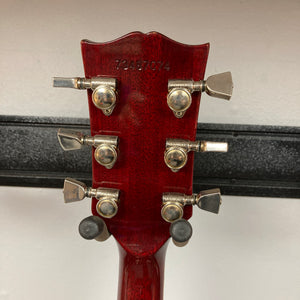 The back of the 1977 Gibson SG Standard Cherry w/Case headstock reveals six metal tuning pegs and a serial number stamped at the top, hallmarks of this classic Gibson model from the Kalamazoo era, renowned for its signature mahogany body construction.