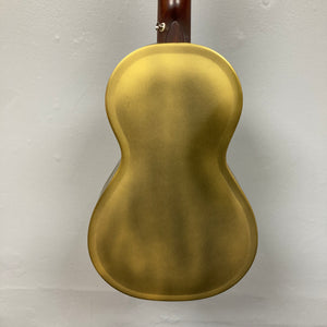 The back of a Republic Parlor Resolian Antique Bronze Resonator w/Case by Republic, featuring an hourglass shape and single cone design, is shown against a plain white wall.