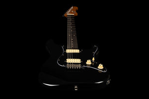 A Jet JS-400 BKR H electric guitar by Jet, featuring a black finish, cream-colored knobs, and dual ceramic HH pickups, is displayed against a black background, delivering modern playability for today’s musicians.