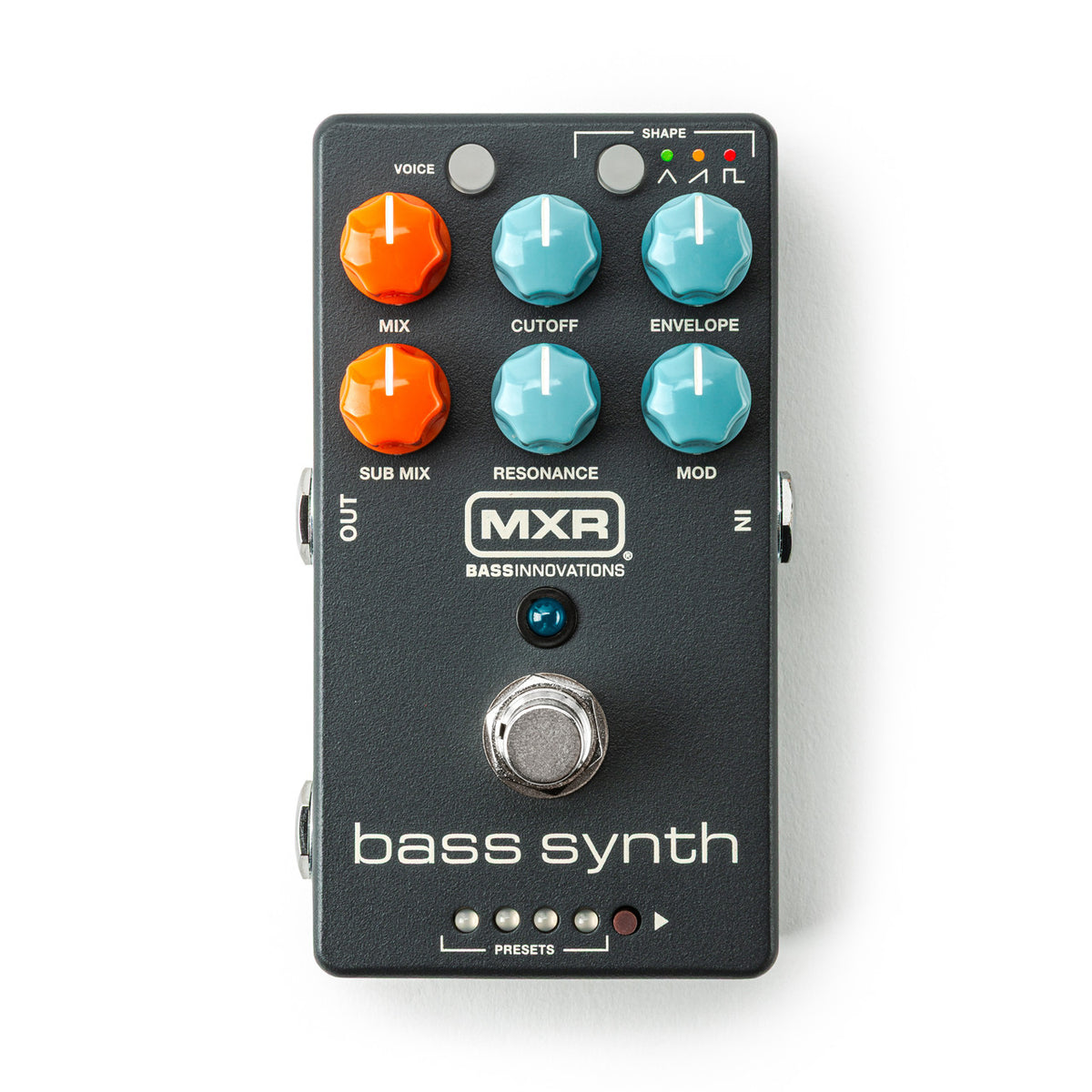 The MXR Bass Synth MB301 by MXR is a black effects pedal featuring six colored knobs, a footswitch, three preset buttons, and clearly labeled input and output jacks, engineered to provide rich sub-octave synth tones and dynamic envelope control.