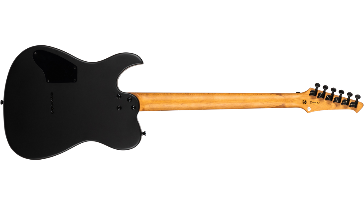 Spira T-400 MBK Baritone Satin Black Electric Guitar, showcasing its matte-black body, natural-wood neck, and locking tuners, emphasizing precision and clarity in design.