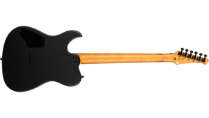 Spira T-400 MBK Baritone Satin Black Electric Guitar, showcasing its matte-black body, natural-wood neck, and locking tuners, emphasizing precision and clarity in design.
