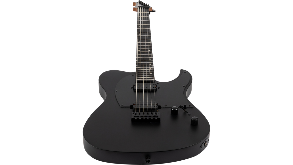 Spira T-400 MBK Baritone Satin Black Electric Guitar, featuring a matte finish, six strings, humbuckers, fixed bridge, and control knobs for volume and tone.