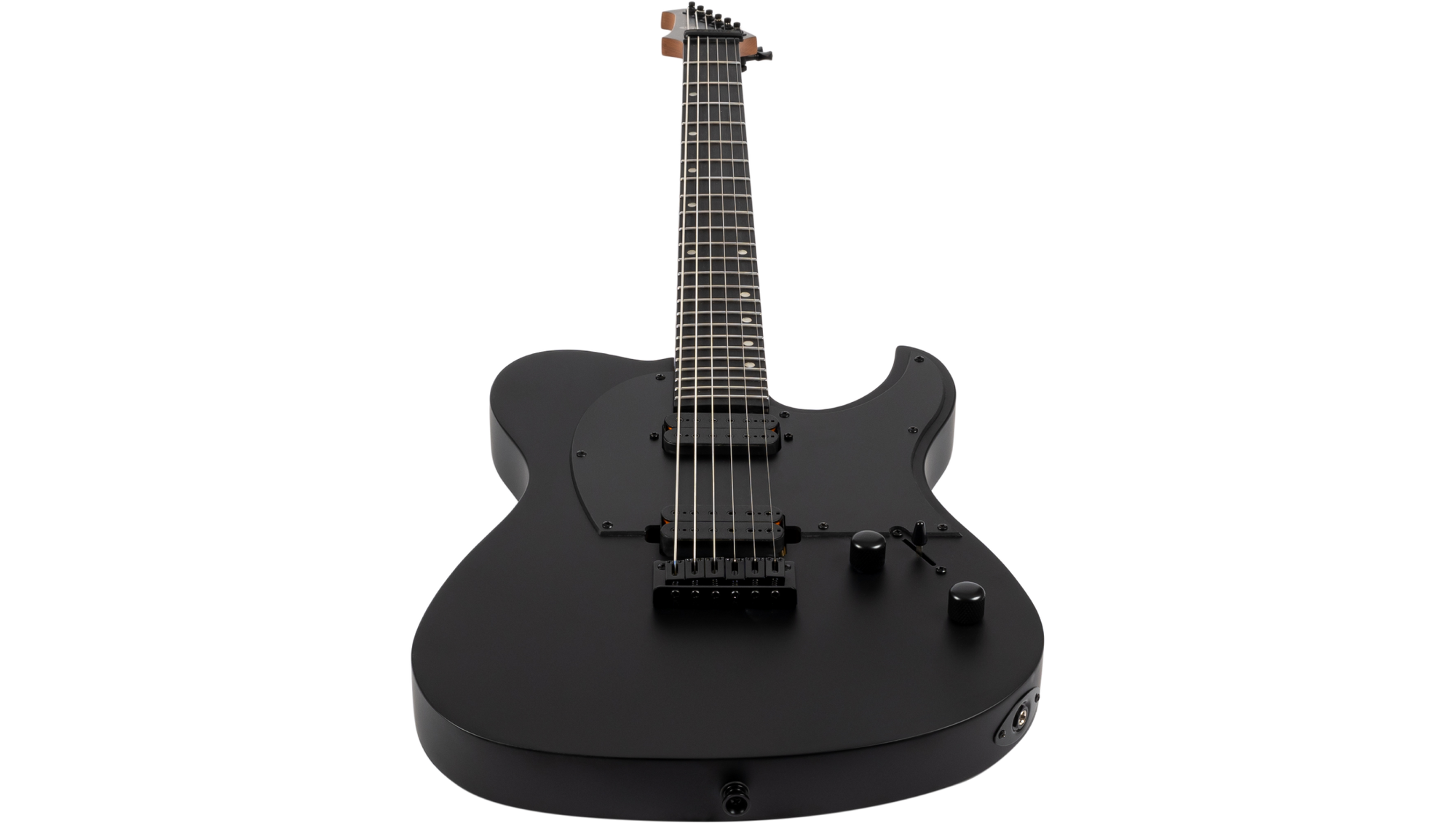 Spira T-400 MBK Baritone Satin Black Electric Guitar, featuring a matte finish, six strings, humbuckers, fixed bridge, and control knobs for volume and tone.