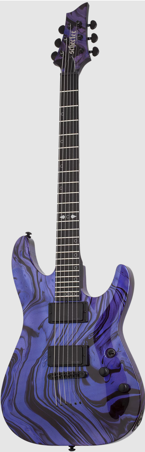 A Schecter C-1 Hydro-Dip Electric Guitar Purple Obsidian with a purple and black marbled finish, two humbucker pickups, and a fretboard featuring dot inlays and a specialized twelfth-fret marker.