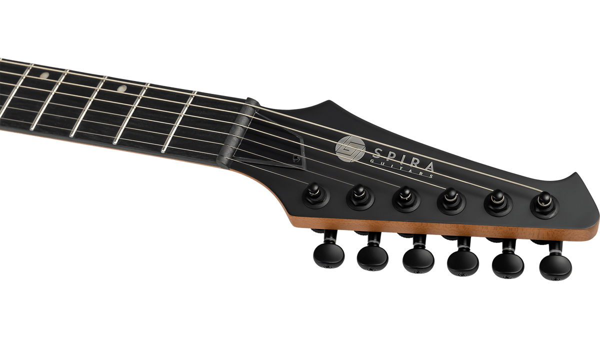 Spira S-400 MBL Electric Guitar&#39;s black headstock with tuning machines, Spira logo, and fretboard with dot inlays, showcases precision for exceptional playability.