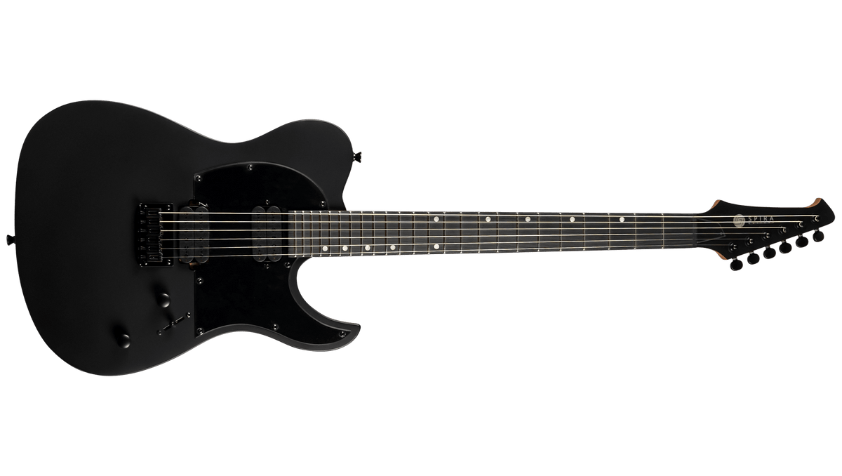 Spira T-400 MBK Electric Guitar - Black with matte finish, dual humbuckers, roasted poplar body, maple neck, and Ebony Tech fretboard, designed for versatile high-gain performance.