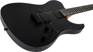 Spira T-400 MBK Electric Guitar - Black, showcasing matte finish, dual humbuckers, hardtail bridge, and ebony fretboard with dot inlays for versatile performance.