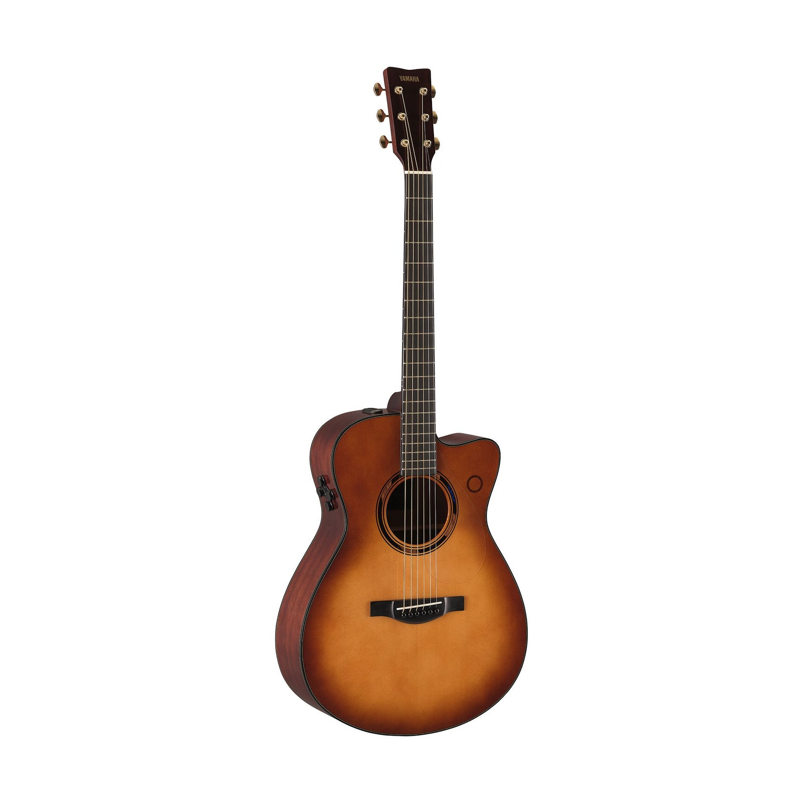 The Yamaha TAG3 C TransAcoustic Concert Cutaway Guitar in Sand Burst, featuring six strings and a cutaway body, stands upright on a white background.
