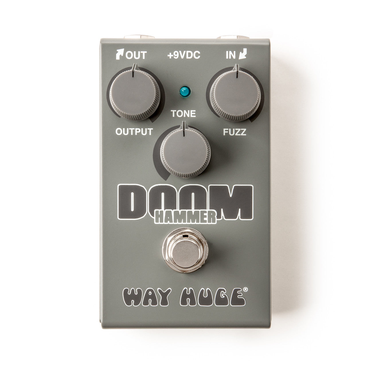 The Way Huge WM45 Smalls Doom Hammer Fuzz Pedal is a gray op-amp fuzz pedal by Way Huge, featuring three control knobs for output, tone, and fuzz, along with a footswitch.