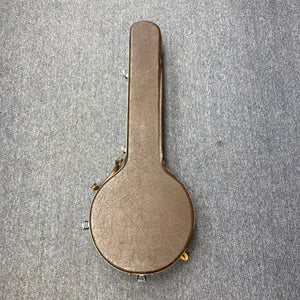 Alvarez Minstrel 4-string Tenor Banjo 1970s in a brown case on grey carpet.