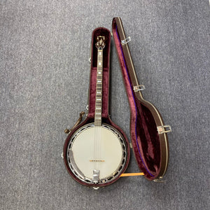 Alvarez Minstrel 4-string Tenor Banjo from the 1970s in a protective case, showcasing its detailed craftsmanship and traditional design.