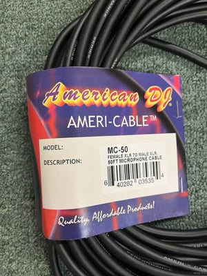 An American DJ MC-50 50ft XLR Microphone Cable with female-to-male connectors is coiled on a green carpet.