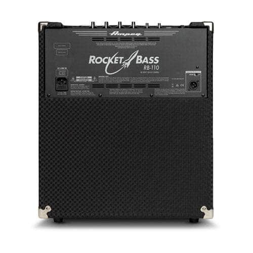 Rear view of the Ampeg RB110 Rocket Bass Amp by Ampeg, showcasing Super Grit Technology control panel, input/output ports, power socket, vent, model labeling on top, and a textured black lower section with metal corner protectors.