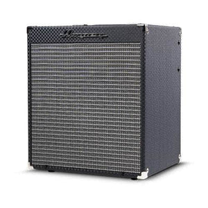 The Ampeg RB110 Rocket Bass Amp features a black textured cabinet, silver grille cloth, white corner protectors, and the Ampeg logo on the top left. Shown on a white background, it includes Super Grit Technology for classic Ampeg tone.