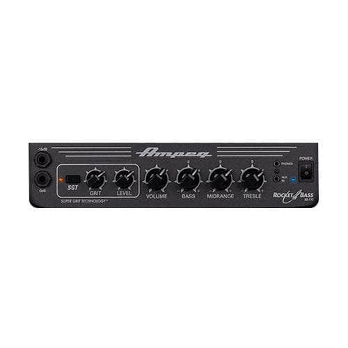 The Ampeg RB110 Rocket Bass Amp control panel features Super Grit Technology, knobs for grit, level, volume, bass, midrange, and treble, input jacks on the left, and power button with indicator lights on the right.