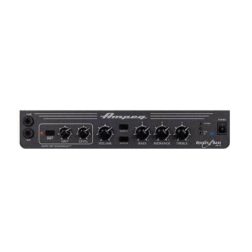 Front view of the Ampeg RB12 Rocket Bass Amp, showing Super Grit Technology (SGT), input jacks, six control knobs (SGT, Grit, Level, Volume, Bass, Midrange, Treble), power switch, and indicator lights.