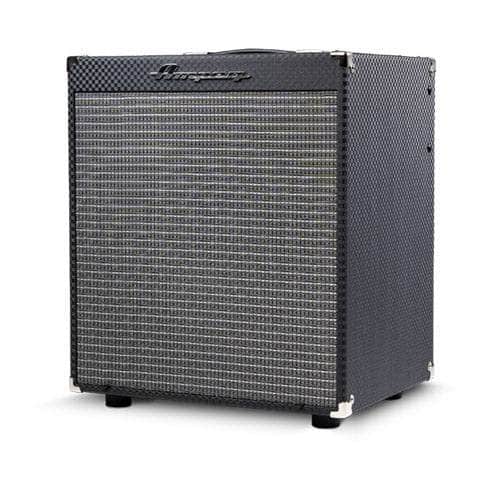 The Ampeg RB12 Rocket Bass Amp by Ampeg is a black combo amplifier with a textured finish, corner protectors, and front grille. It features Super Grit Technology and displays the Ampeg logo at the top, shown against a white background.
