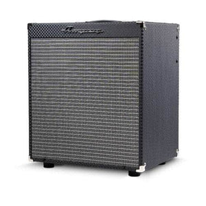 The Ampeg RB12 Rocket Bass Amp features Super Grit Technology, a textured black finish, silver grille cloth, and the Ampeg logo on top front, displayed against a white background.