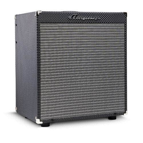 The Ampeg RB12 Rocket Bass Amp by Ampeg is a black combo amplifier with a textured finish, corner protectors, and front grille. It features Super Grit Technology and displays the Ampeg logo at the top, shown against a white background.