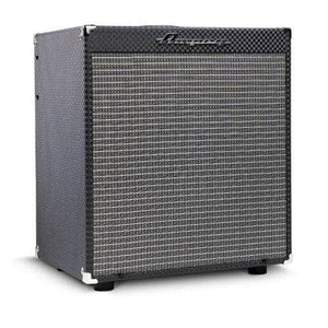 The Ampeg RB12 Rocket Bass Amp by Ampeg is a black combo amplifier with a textured finish, corner protectors, and front grille. It features Super Grit Technology and displays the Ampeg logo at the top, shown against a white background.
