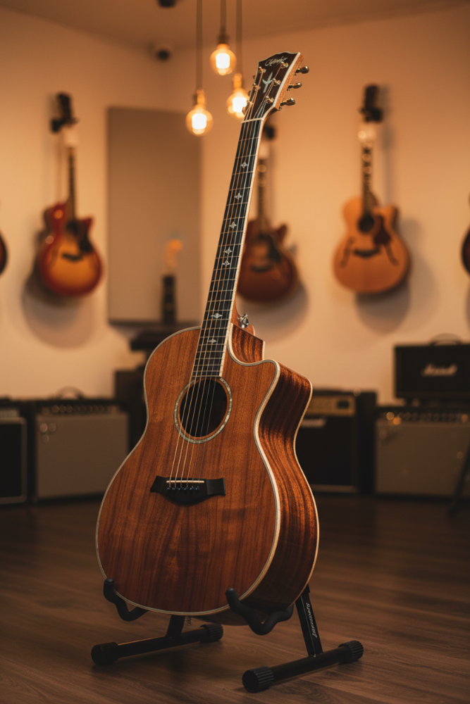 A cutaway acoustic-electric guitar with a rich brown wood finish stands on a black stand in a guitar shop. Other guitars and amplifiers are visible in the softly lit background.