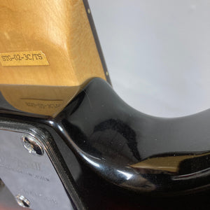 ARIA PRO II STG-02-3C electric guitar's neck close-up, showcasing its smooth playability and features like the rosewood fingerboard and HSS pickup configuration.