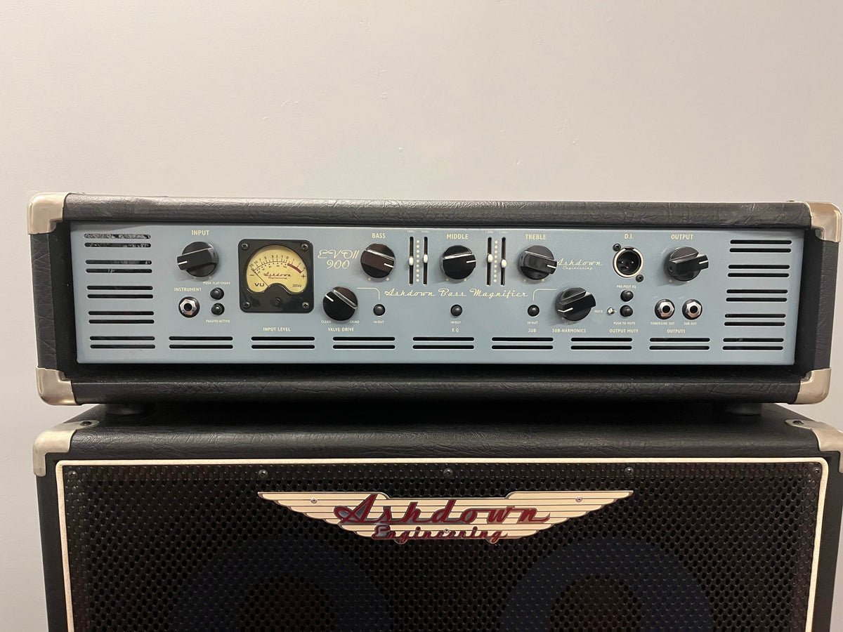 The Ashdown UK Built ABM Bass Rig Full Stack, featuring the EVO II 900 Head, 410T and 115-500 cabinets in flight cases, forms a classic Ashdown setup for powerful bass performance.