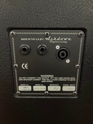 Close-up of the back panel of an Ashdown UK Built ABM Bass Rig Full Stack (EVO II 900 Head, 410T, 115-500) showing input/output jacks, model/serial number labels, and a warning about amplifier connections.