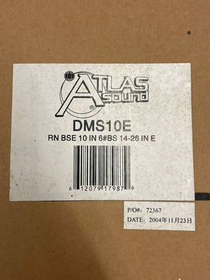 Atlas Sound DMS10E Mic Stand Base with Extension Rod product label on box displays model number, barcode, part number, and date in Japanese (2004年11月23日) for this Atlas Sound mic stand.