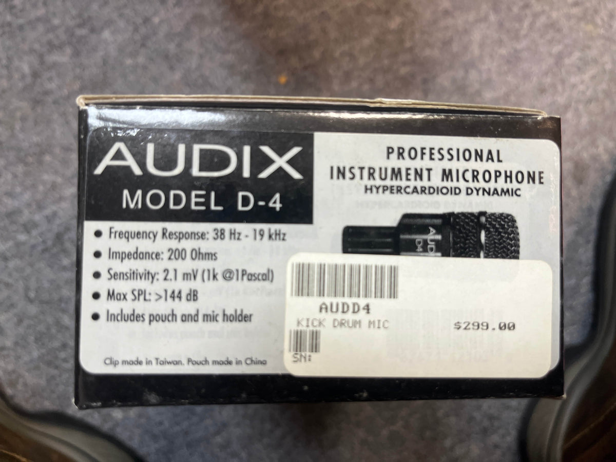 Box of a preowned Audix D4 Hypercardioid Dynamic Instrument Microphone by Audix, featuring technical specs, labeled "KICK DRUM MIC," and priced at $299.00.