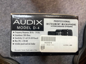 Box of a preowned Audix D4 Hypercardioid Dynamic Instrument Microphone by Audix, featuring technical specs, labeled "KICK DRUM MIC," and priced at $299.00.